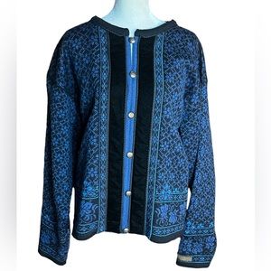 DALE OF NORWAY BLUE & BLACK ARTIC WOOL VELVET TRIM CARDIGAN GREAT CONDITION (XL)